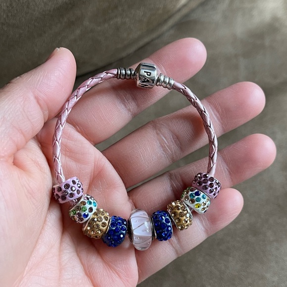 Pandora Genuine Pink Leather Bracelet w/ 9 Charms - Picture 3 of 8